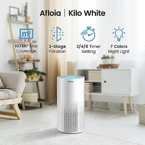 Afloia Air Purifiers for Home Large Room Up to 1076 Ft², 3-Stage Air Purifiers for Bedroom 22 dB, Air Purifiers for Pets