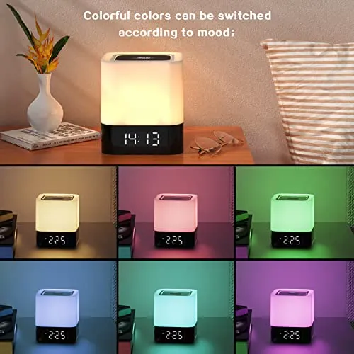 Aisuo Night Light-5 in 1 Bedside Lamp with Bluetooth Speaker, 12/24H Digital Calendar Alarm Clock, Touch Control, Support TF