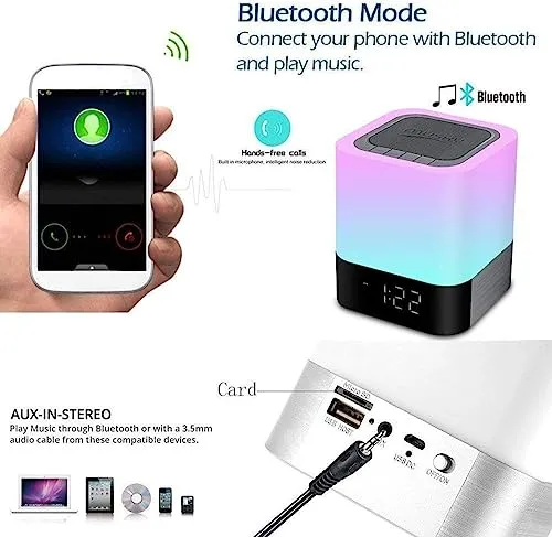 Aisuo Night Light-5 in 1 Bedside Lamp with Bluetooth Speaker, 12/24H Digital Calendar Alarm Clock, Touch Control, Support TF