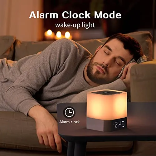 Aisuo Night Light-5 in 1 Bedside Lamp with Bluetooth Speaker, 12/24H Digital Calendar Alarm Clock, Touch Control, Support TF