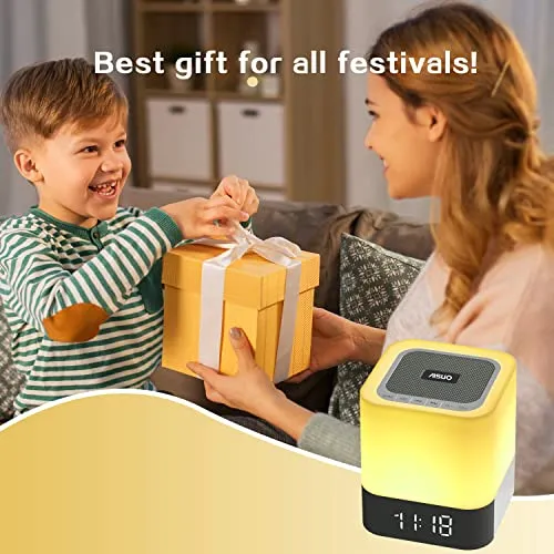 Aisuo Night Light-5 in 1 Bedside Lamp with Bluetooth Speaker, 12/24H Digital Calendar Alarm Clock, Touch Control, Support TF