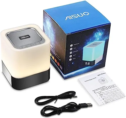 Aisuo Night Light-5 in 1 Bedside Lamp with Bluetooth Speaker, 12/24H Digital Calendar Alarm Clock, Touch Control, Support TF