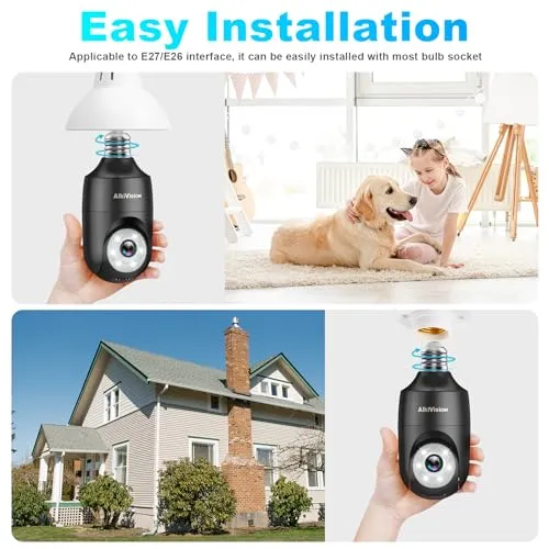 AlkiVision 2K Light Bulb Security Camera Wireless Outdoor - 360° AI Motion Detection Cameras for Home Security Outside, 2.4G