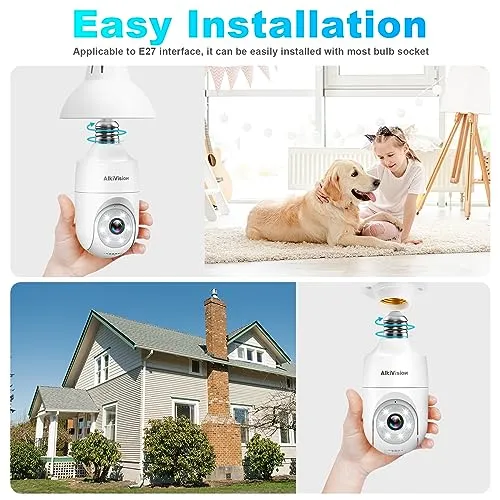 Alkivision 2K Light Bulb Security Cameras Wireless Outdoor - 2.4G Hz 360° Motion Detection, for Home Security Outside