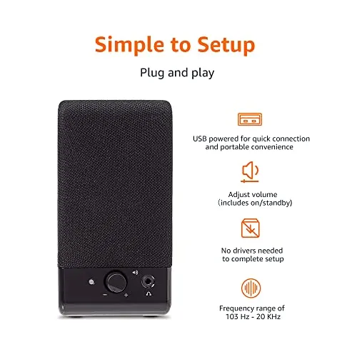 Amazon Basics Computer Speakers for Desktop or Laptop PC , USB-Powered, Black computer speaker - in use