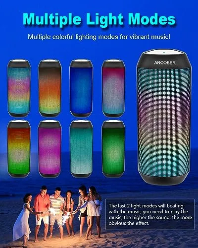 ANCOBER Wireless Bluetooth Portable Speaker 15W Stereo Sound with Multi LED Light Dynamic Modes, IPX4 Waterproof Bluetooth