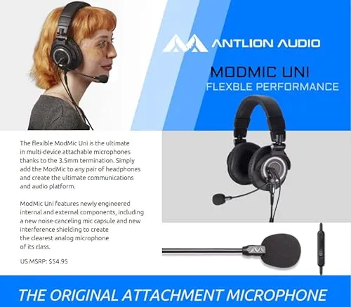 Antlion Audio ModMic Uni Attachable Noise-Cancelling Microphone with Mute Switch, Compatible with Mac, Windows PC,