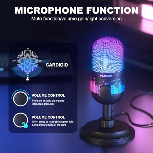 Aokeo USB Gaming Microphone Condenser Microphone for PC/MAC/PS4/PS5/Phone-Cardioid Mic with RGB Lighting Headphone Output