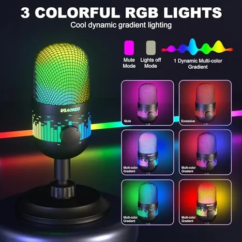 Aokeo USB Gaming Microphone Condenser Microphone for PC/MAC/PS4/PS5/Phone-Cardioid Mic with RGB Lighting Headphone Output