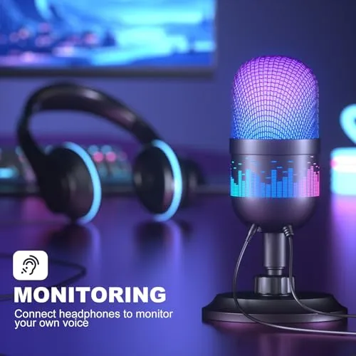 Aokeo USB Gaming Microphone Condenser Microphone for PC/MAC/PS4/PS5/Phone-Cardioid Mic with RGB Lighting Headphone Output