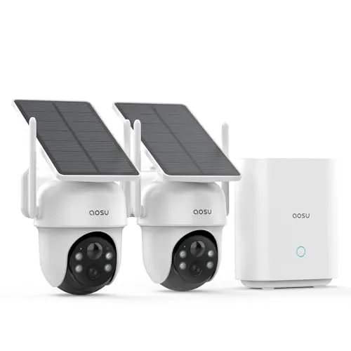 AOSU Security Cameras Outdoor Wireless, 2 Cam-Kit, No Subscription, Solar-Powered, Home Security Cameras System with 360°
