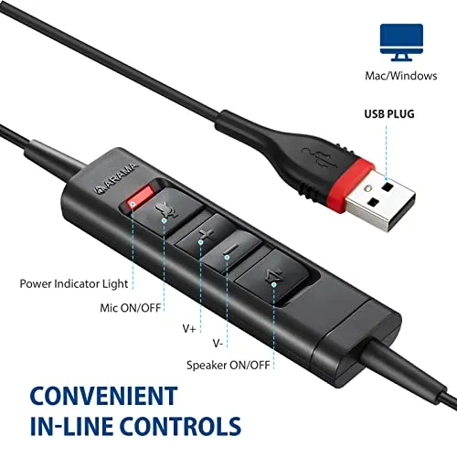 Arama USB Headset with Microphone Noise Cancelling & Audio Controls Ultra Comfort USB Headphone for Computer Laptop Pc