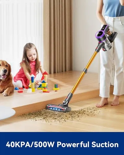 ARFUEE Cordless Vacuum Cleaner, 500W/40KPA/60Mins Runtime Vacuum Cleaners for Home, LED Display, 1.5L Cup, Lightweight,