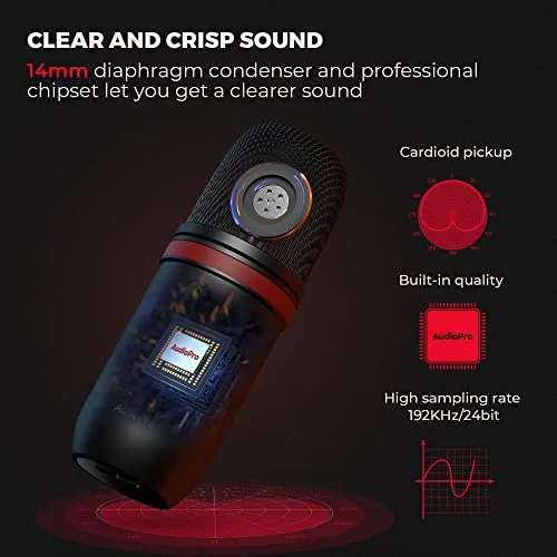 AUDIOPRO USB Microphone, Computer Condenser Gaming Mic for PC/Laptop/Phone/PS4/5, Headphone Output, Volume Control, USB Type