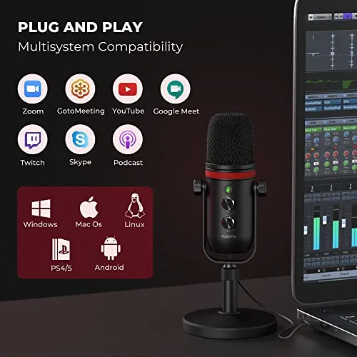 AUDIOPRO USB Microphone, Computer Condenser Gaming Mic for PC/Laptop/Phone/PS4/5, Headphone Output, Volume Control, USB Type