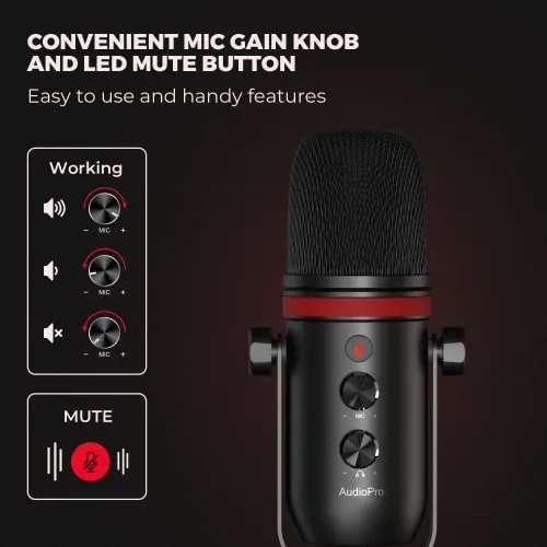 AUDIOPRO USB Microphone, Computer Condenser Gaming Mic for PC/Laptop/Phone/PS4/5, Headphone Output, Volume Control, USB Type