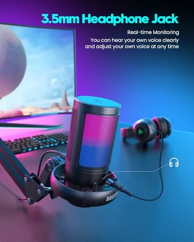 BBeiyy Gaming USB Microphone for PC with ARM, BBEIYY Mic for Gamer 192kHz/24Bit Noise Cancellation Condenser microphone with