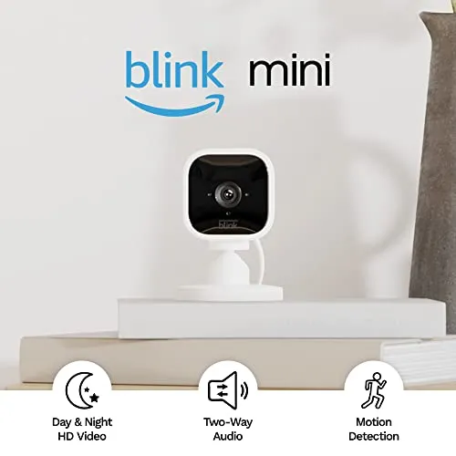 Blink Mini – Compact indoor plug-in smart security camera, 1080p HD video, night vision, motion detection, two-way audio,