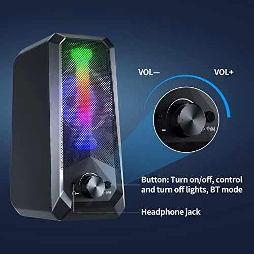 Bobtot Computer Speakers HiFi Stereo Sound - 2.0 Channel RGB Desktop Speakers PC Speaker with Bluetooth Volume Control USB