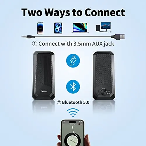 Bobtot Computer Speakers HiFi Stereo Sound - 2.0 Channel RGB Desktop Speakers PC Speaker with Bluetooth Volume Control USB