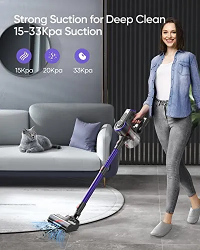 BuTure Cordless Vacuum Cleaner, 400W 33Kpa Powerful Stick Vacuum with 55min Runtime Detachable Battery, Touch Display and