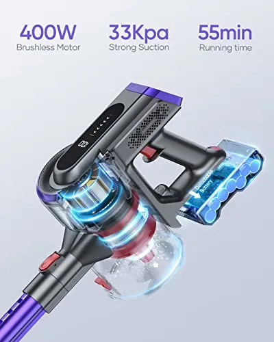 BuTure Cordless Vacuum Cleaner, 400W 33Kpa Powerful Stick Vacuum with 55min Runtime Detachable Battery, Touch Display and