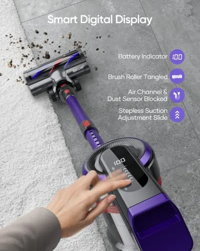 BuTure Cordless Vacuum Cleaner, 400W 33Kpa Powerful Stick Vacuum with 55min Runtime Detachable Battery, Touch Display and