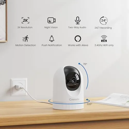 Cinnado Security Camera Indoor-2K 360° WiFi Cameras for Home Security，Pet/Dog/Baby Camera with Phone app, 2-Way Audio, Night