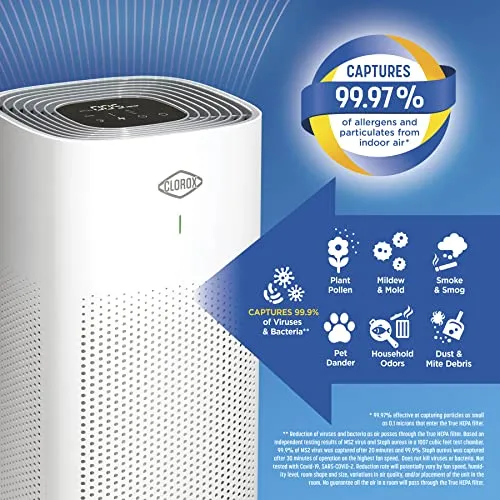 Clorox Air Purifiers for Home, True HEPA Filter, Large Rooms up to 1,500 Sq Ft, Removes 99.9% of Mold, Viruses, Wildfire