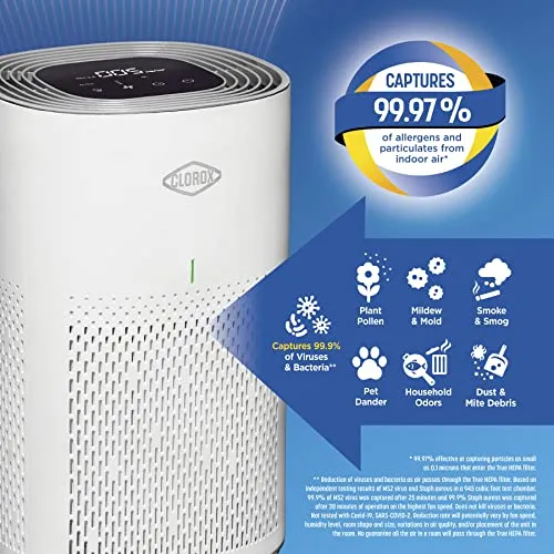 Clorox Air Purifiers for Home, True HEPA Filter, Medium Rooms Up to 1,000 Sq Ft, Removes 99.9% of Mold, Viruses, Wildfire