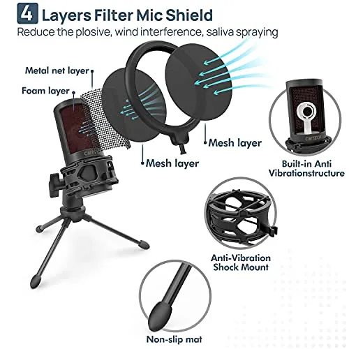 CMTECK USB Microphone, Podcast Microphone with Pop Filter & Mute Button, Compatible Desktop Computer and Laptop microphone -