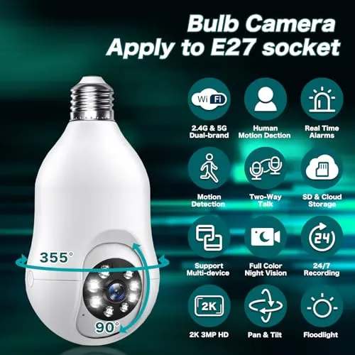 COMBATH Light Bulb Security Camera, 5G/2.4GHz WiFi 2K Light Bulb Cameras Outdoor Indoor with E27 Socket, Motion Detection