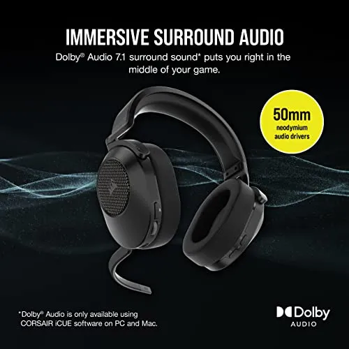 Corsair HS65 Wireless Multiplatform Gaming Headset with Bluetooth - Dolby Audio 7.1 - Omni-Directional Microphone - iCUE