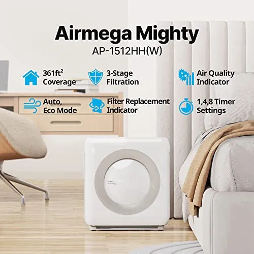 Coway Airmega AP-1512HH(W) True HEPA Purifier with Air Quality Monitoring, Auto, Timer, Filter Indicator, and Eco Mode, 16.8