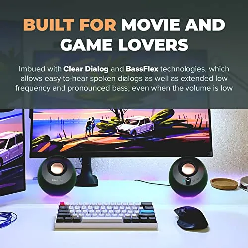 Creative Pebble Pro Minimalist 2.0 USB-C Computer Speakers with Bluetooth 5.3 and Customizable RGB Lighting, Clear Dialog