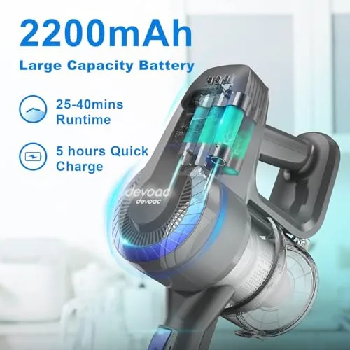 DEVOAC N300 Cordless Vacuum Cleaner, 6 in 1 Ultra-Lightweight Stick Vacuum, 2200mAh Battery Up to 40mins Runtime, Powerful