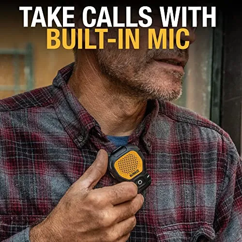 DEWALT Wearable Bluetooth Speaker — Magnetic Clip-On Wireless Jobsite Pro Water-Resistant Portable Speaker — Built-in Mic