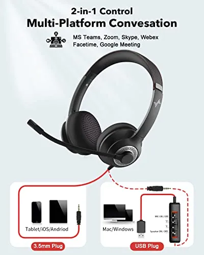 EAGLEND USB Headset with Mic for PC, On-Ear Computer Laptop Headphones with Noise Cancelling Microphone in-line Control for