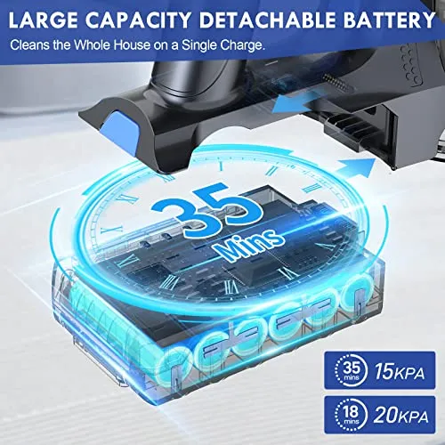 EICOBOT Cordless Vacuum Cleaner,20000Pa Powerful Cordless Vacuum,35 Mins Runtime,Detachable Battery,1.5L Dust Cup,6 in 1
