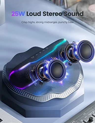 ERKEI SEHN Portable Bluetooth Speaker, IPX7 Waterproof Wireless Speaker with Colorful Flashing Lights, 25W Super Bass 24H