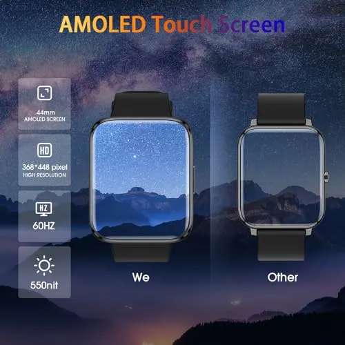 EURANS Smart Watch 44mm, AMOLED Fitness Watch with Heart Rate/Sleep Monitor Steps Calories Counter, IP68 Waterproof Activity