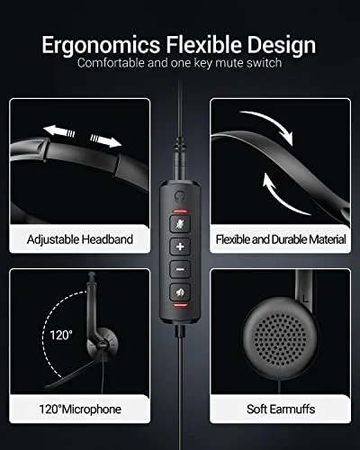FEABASK USB Headset with Microphone for PC Laptop - Wired Computer Headphones with Noise Cancelling Microphone for Home