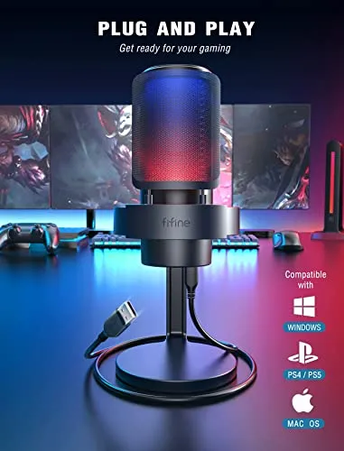 FIFINE Gaming Microphone, USB PC Mic for Streaming, Podcasts, Recording, Condenser Computer Desktop Mic on Mac/PS4/PS5, with