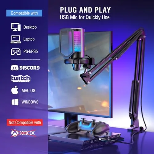 FIFINE Gaming PC USB Microphone, Podcast Condenser Mic with Boom Arm, Pop Filter, Mute Button for Streaming, Twitch, Online