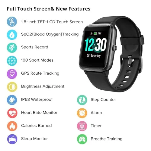 Fitpolo Fitness Tracker with Heart Rate Monitor, Smart Watch 1.8 inches Color Touch Screen IP68 Waterproof Step Calorie