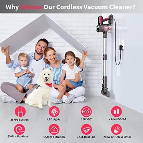 Foppapedretti Cordless Vacuum Cleaner, 25Kpa Powerful Suction Stick Vacuum, 35Mins Long Runtime, Lightweight Handheld Vacuum