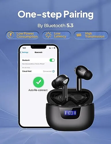 FORTECLEAR Wireless Earbuds Bluetooth V5.3 Headphones 50H Playback Deep Bass Stereo Ear Buds with LED Power Display Charging