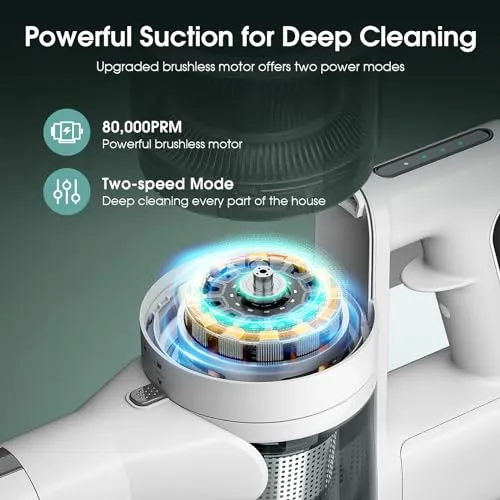 Fykee Vacuum Cleaner, Cordless Vacuum Cleaner with 80,000 PRM Brushless Motor, Lightweight Detachable Vacuum Cleaners for
