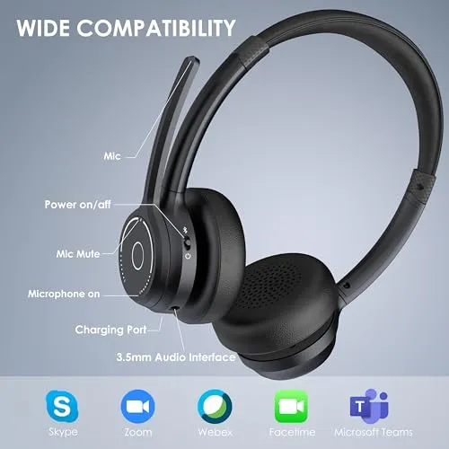 Gixxted Bluetooth Headset, Wireless Headset with Noise Cancelling Microphone for Work, On Ear Headphones with USB Dongle and