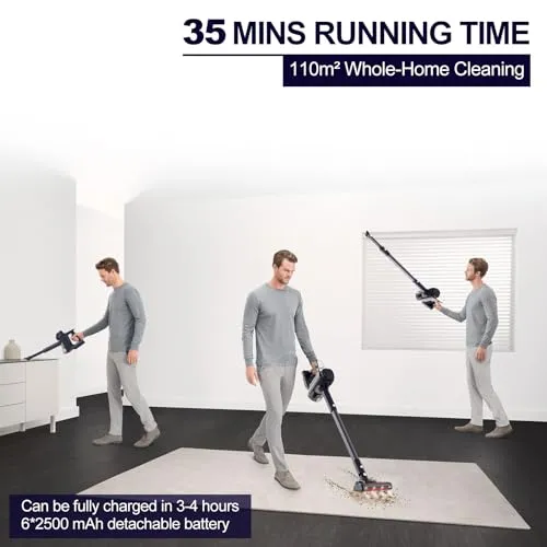 Hihhy Cordless Vacuum Cleaner, Stick Vacuum 30 Kpa Powerful Suction & Lightweight, Rechargeable 35 Mins Runtime Handheld